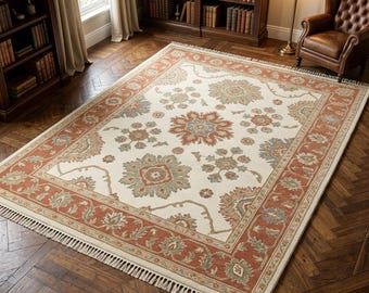 5x8 ft Handmade Oushak Rug, Vintage Turkish Style Wool Rug, Large Area Rug, Neutral Floral Rug, Living Room Carpet
