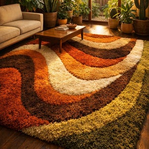May include: A rectangular shag area rug featuring a series of wavy, curved bands in shades of burnt orange, dark brown, cream, mustard yellow, and olive green. The rug has a thick, textured pile and covers a portion of the dark wood floor.