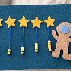 Könnte beinhalten: Eine blaue Filztafel mit fünf gelben Sternenstäben und einer braunen Astronautenfigur. Die Sterne sind an blauen Schnüren mit gelben und weißen Perlen befestigt. Der Astronaut hat einen blauen Helm.