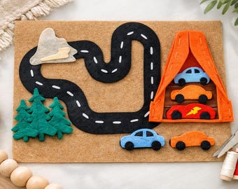 Felt Race Track Busy Book Page Pattern – Montessori Car Toy, Toddler Travel Activity