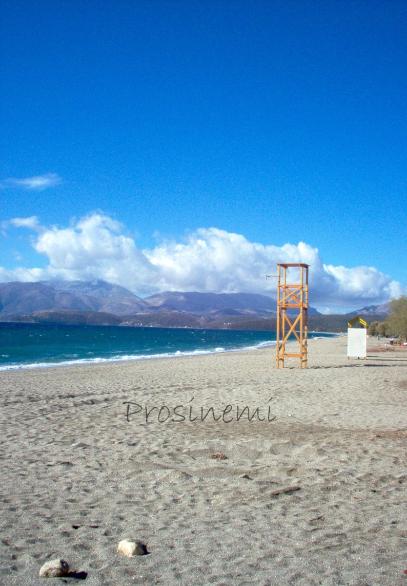 Beach life guard tower photo print, greece, peloponnese, summer home wall decor image 1