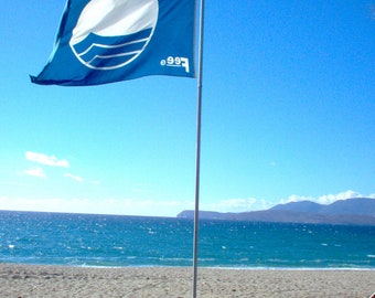 Summer photo, beach photo, blue flag, greek islands, greek summer, blue summer beach wall decor, summer decoration