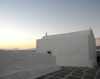 Blue summer Greece - Mykonos travel photo, Sunset photo print,  summer photo print, summer home decor, wall decor, white church