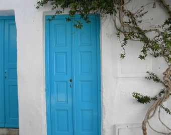 Travel photo print, blue home decoration, wall decor, blue door Mykonos Greece, summer blue white home photo decor