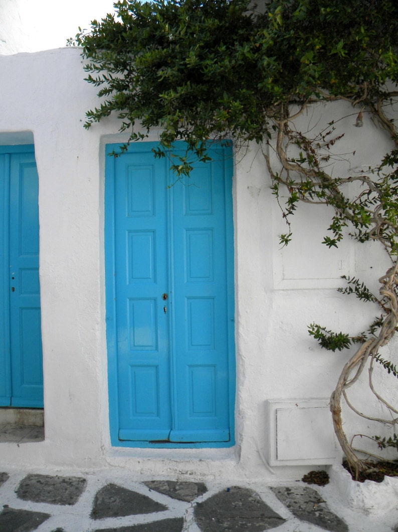 Travel photo print, blue home decoration, wall decor, blue door Mykonos Greece, summer blue white home photo decor image 1