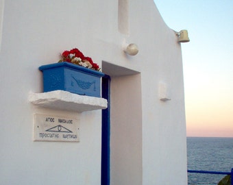 Blue white summer, travel photo print, summer photo, Greece , mediterranean, small white greek church, Saint Nicolas