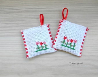 Lavender sachets with red tulips, cross stitch lavender sachet set of two, home decor, spring cleaning, eco friendly