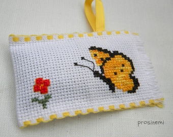 Lavender sachet  cross stitch flowers handmade