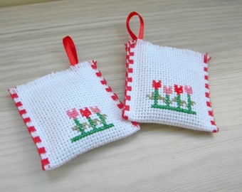 Lavender bag, homemade decoration, handmade with cross stitch embroidered with tulips