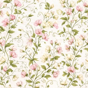 May include: A seamless pattern featuring delicate pink and cream-colored flowers with green leaves and winding vines. The floral design is set against a soft, off-white background, creating a vintage, botanical aesthetic. The pattern is suitable for fabric, wallpaper, or other decorative applications.