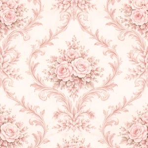 Puede incluir: Papel pintado con un patrón de damasco repetitivo en rosa suave y crema. El diseño consiste en intrincadas hojas de acanto y adornos ornamentales que enmarcan grupos centrales de rosas en flor, creando un motivo floral simétrico.