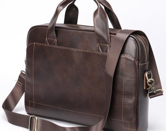 Personalized Top-Grain Leather Travel Bag: 15.2-Inch Laptop Briefcase, Messenger Bag, Portfolio, and Tablet Shoulder Bag