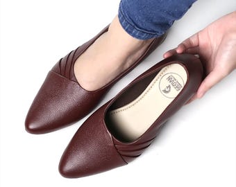 Zapatos planos de piel auténtica color granate, cómodos zapatos planos informales para mujer.