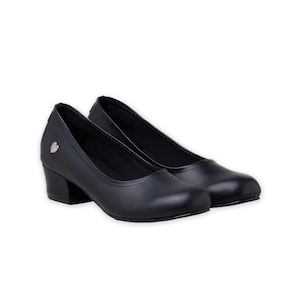 Handmade Black Genuine Leather Kitten Heels, Round Toe Low Heel Pumps, Comfortable Office Shoes