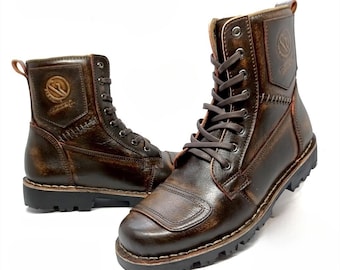 Biker-Stiefel aus echtem Leder für Herren, schwarzbraune Motorrad-Ingenieur-Reitschuhe