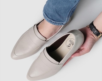 Women’s Genuine Leather Flat Shoes, Cream Leather Flats for Women, Comfortable Casual Footwear