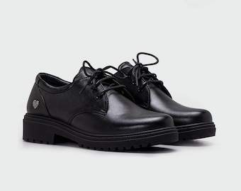 Schwarze Mattleder Oxford Schuhe Damen, Klassisches Kleid Wohnungen