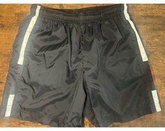 VTG Y2K Nike Nylon Track Shorts Black White Stripe Spellout Logo Youth L fits XS
