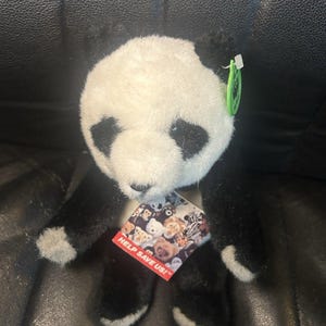 May include: A plush panda bear with black and white fur, featuring black eyes and ears. The panda has a tag that reads "HELP SAVE US!" and a green tag attached. The stuffed animal is sitting on a black surface.