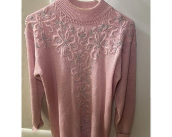 Vintage Jaclyn Smith Pink Beaded Sweater Metallic Silver Floral Mock Neck Small