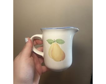 Vintage Pfaltzgraff Hopscotch Creamer Pitcher Fruit Pattern Blue Trim Stoneware