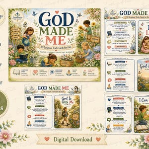 May include: A digital download set of 30 God Made Me scripture truth cards for kids, featuring illustrated scenes of children in gardens, Bible verses, discussion questions, and prayers. The collection includes a main cover and sample cards.