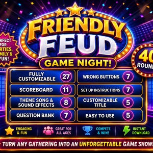 May include: A digital game board titled Friendly Feud Game Night with a neon-style aesthetic. The display features a list of features including fully customizable, scoreboard, theme song, question bank, wrong buttons, and set up instructions.
