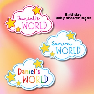 以下が含まれることがあります： 「Daniel's WORLD」と「Samuel WORLD」の文字が入った、3つのカラフルな雲の形をしたロゴ。各ロゴには黄色の星のアクセントがあります。「Birthday Baby shower logos」の文字も表示されています。