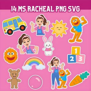 May include: A collection of colorful cartoon stickers on a pink background. The stickers include a yellow school bus, a smiling sun, a rainbow, a teddy bear, a bunny, and characters with the text "Ms. Rachel".
