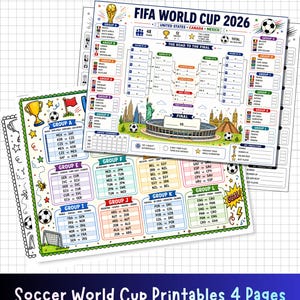 Può includere: Un set di quattro fogli stampabili per la Coppa del Mondo FIFA 2026 con tabelloni del torneo, programmi delle partite della fase a gironi ed elenchi delle squadre. I design includono illustrazioni colorate di palloni e trofei.