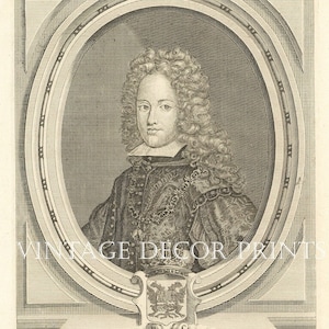 Historical Portrait of Carolus III Hispaniæ Rex Original 1735 Engraving Royalty and Nobility Wonderful Interior Design Antique Engraving