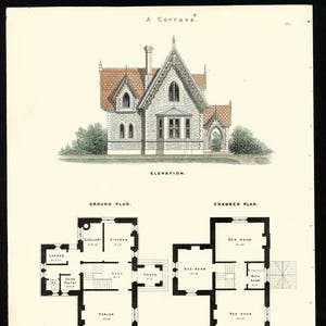Antieke bouwersprint voor een ontwerp voor een huisje met plattegronden, afdrukdatum 1855 Ideal architects of Builders Office, handgekleurd.