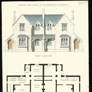 Antieke architectenafdruk voor het ontwerp voor een huisje, afdrukdatum 1855 Ideaal architecten- of bouwbedrijf, handgekleurd.