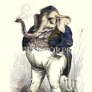 Antique 1842 Print of an Elephant out on the Town Original Print by Grandville Recent Hand Colouring.