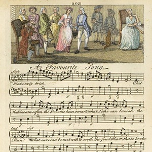 Peut inclure: Une page de musique ancienne avec une illustration en noir et blanc de personnes dansant. La musique est intitulée "A Favourite Song" et comprend des notes de musique et des paroles. Les paroles comprennent les mots "Medeinecansoften the Bosoms keen smartwhat Lethe can banish the Pain: What oure can be met with to sooth the fond bleart, that's broke broke by a faithless young Swain. When to the pale Moon ý soft Nightingales moan.In Accents so piercing and dear: You Sing not fosweetly,& ory witha Groan, as when when my dear"