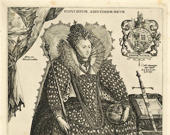 Queen Elizabeth 1st by Crispijn de Passe the Elder (1564–1637) Full Length Portrait Mid 20th Century Re-print