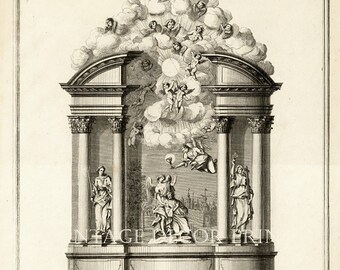 A large Antique 1749 Architectural engraving of a Plan and elevation of the altar of Eglise de Notre Sauveur Denmark by Lauritz de Thurah.