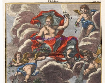 Cherubs and Angels Decorative Frontispiece by Paul Decker Date Circa 1720. Cherubs and Putto Offering gifts to Flora. Hand Coloured.