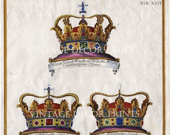 Crowns and Coronets Hand Coloured Engraving From Dan Danske Vitruvius Date 1749 Danish Royalty.