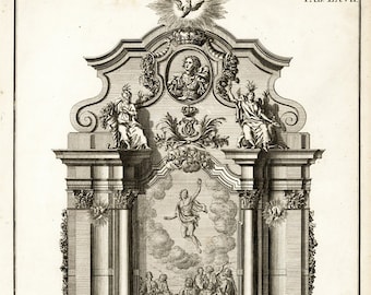 A large Antique 1749 Architectural engraving of a Plan and elevation of the altar of Eglisa du St Esprit Denmark by Lauritz de Thurah.