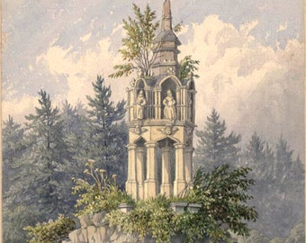 Stourhead in Wiltshire. St Peters Pump Original Circa 1890 Watercolour by C. W. Hislop. Beautiful Painting of The Source of the River Stour.