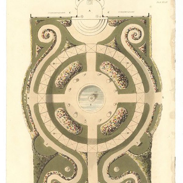 Small Garden Design Garden Architecture Print by John Papworth, Architect, and Artist Published by R. Ackermann 1821 Hand Coloured Aquatint