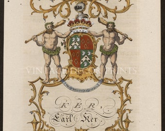 Ker Coat of Arms. Earl Ker. Genuine 1700's Heraldry Engraving. Accurately Hand Coloured in Watercolour.