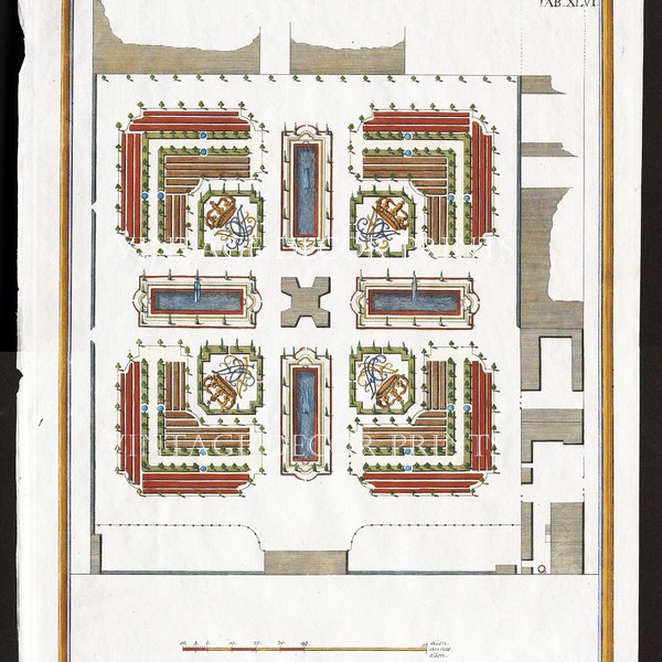 Antique Garden Print of a Garden in Denmark. Rare Large Antique Engraving from Den Danske Vitruvius Hand Coloured in Watercolour. Date 1746.