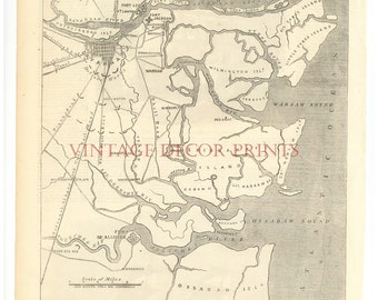 Savanah 1865 Antique ILN Map of The Environs of Savanna Black and White Engraving. The Town and Port of Savannah.