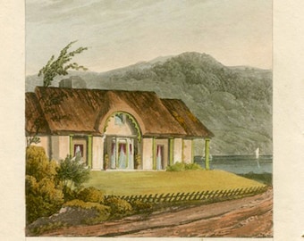 Antique Cottage Print, 1817 Georgian Architecture, Handcoloured Aquatint