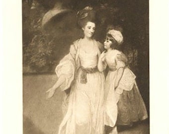 Portrait of a Lady 'Mrs Ponis and Daughter' Decorative 19th Century Print in Sepia after Joshua Reynolds