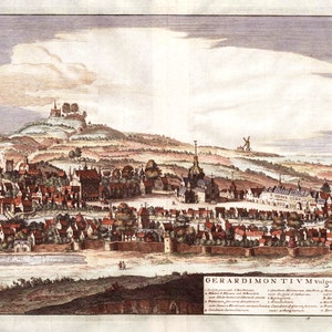 May include: An antique map of Gerardsimon, also known as Geert-a-Berghe, a town in Belgium. The map shows the town's layout with buildings, streets, and a windmill. The map is in a vintage style with hand-drawn details and a faded color palette.