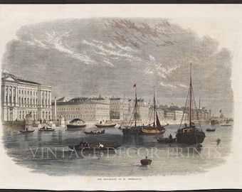 University of St Petersburg. View from The Neva River. 1861 Illustrated London News. Hand coloured in Watercolour.