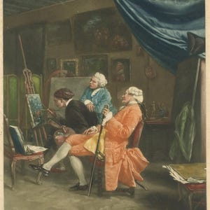 Artista nel suo studio con ammiratori. Bella mezzatinta antica a colori del 1922 firmata da Antoine Gaymard, da Meissonier.